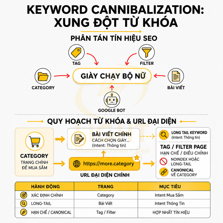Infographic hướng dẫn xử lý xung đột từ khóa SEO cho danh mục giày chạy bộ nữ trên website thương mại điện tử
