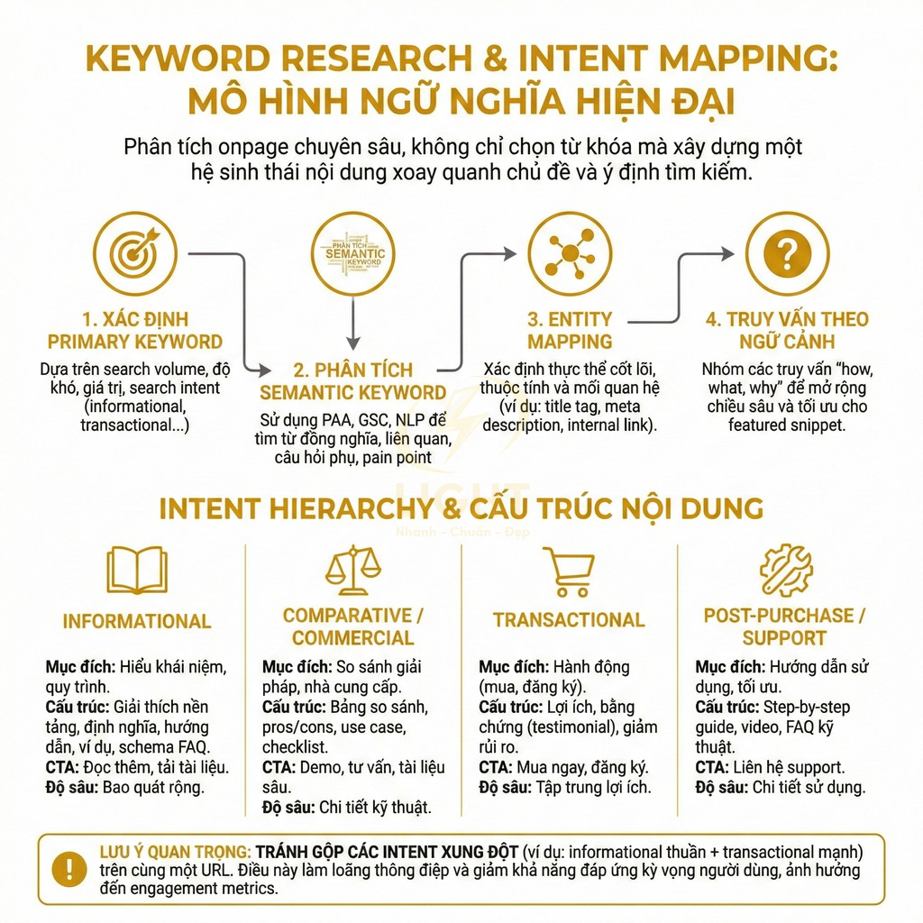 Infographic mô hình keyword research và intent mapping hiện đại với các bước phân tích và cấu trúc nội dung SEO