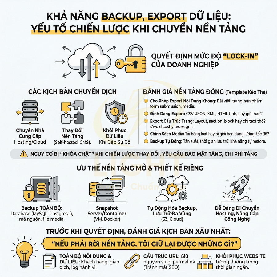 Infographic về khả năng backup và export dữ liệu khi chuyển nền tảng website, nhấn mạnh tránh bị khóa chặt nhà cung cấp