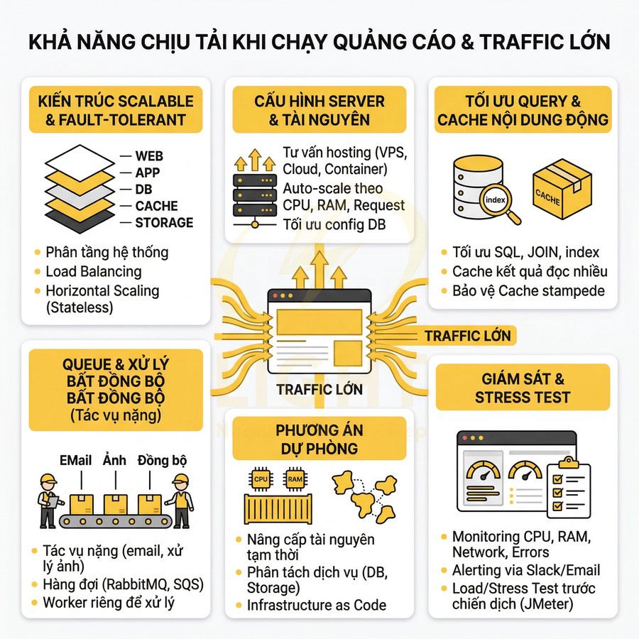 Mô hình giải pháp hạ tầng web chịu tải lớn khi chạy quảng cáo với kiến trúc scalable, cache, queue và giám sát