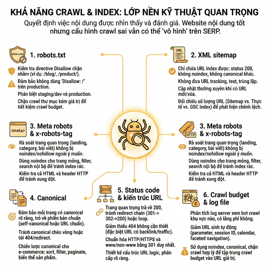 Infographic hướng dẫn tối ưu kỹ thuật SEO về khả năng crawl và index website với robots sitemap canonical URL