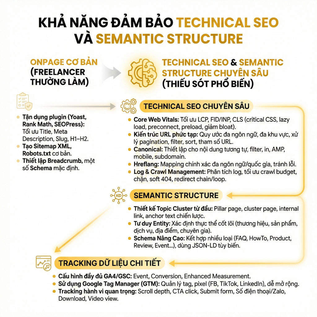 Mô tả dịch vụ tối ưu technical SEO, semantic structure và tracking dữ liệu chi tiết cho website
