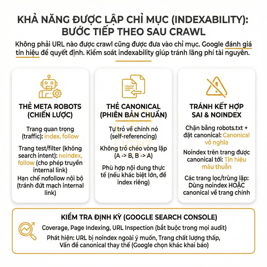 Infographic hướng dẫn tối ưu thẻ meta robots, canonical và noindex để kiểm soát indexability trong SEO