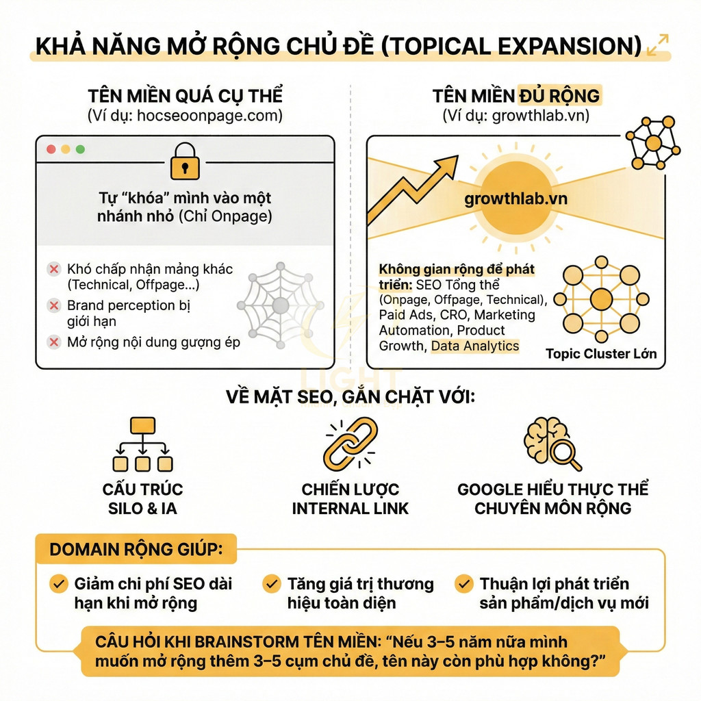 Minh họa so sánh tên miền cụ thể và tên miền đủ rộng trong chiến lược mở rộng chủ đề SEO