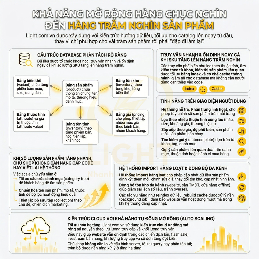 Infographic giới thiệu nền tảng Light.com.vn với khả năng mở rộng quản lý hàng chục nghìn sản phẩm online