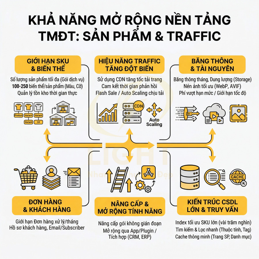 Infographic khả năng mở rộng nền tảng thương mại điện tử về sản phẩm, traffic, đơn hàng và cơ sở dữ liệu