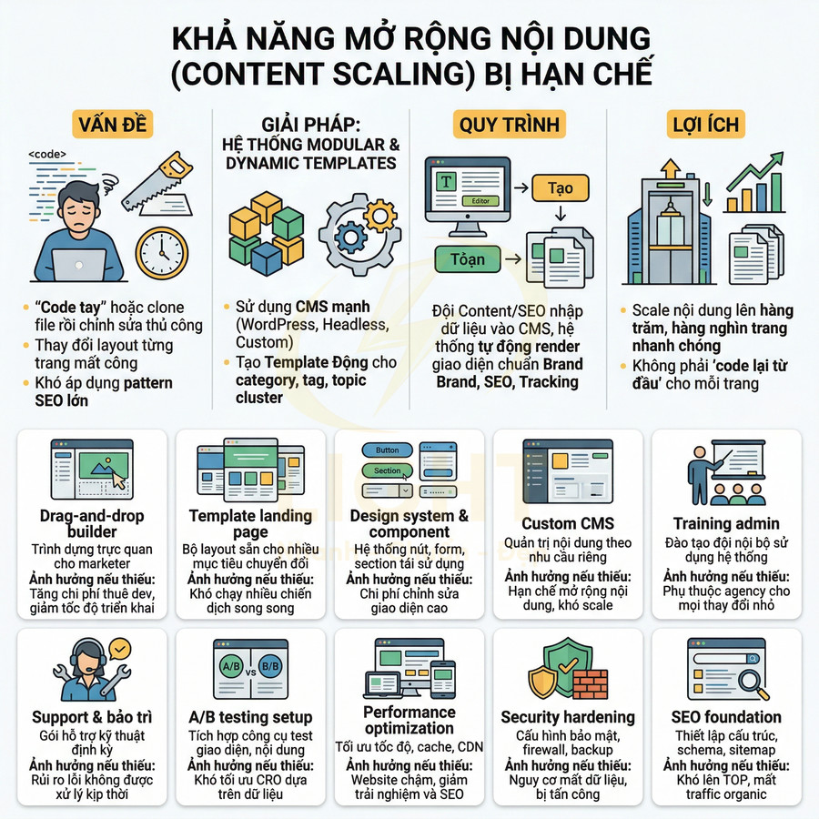Infographic quy trình mở rộng nội dung SEO với hệ thống CMS modular, template động và các bước tối ưu website