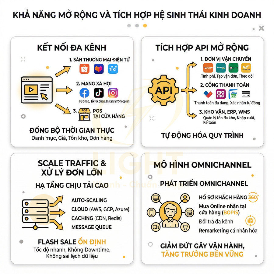 Giải pháp phần mềm omnichannel mở rộng kết nối đa kênh, tích hợp API, scale traffic và tối ưu vận hành bán hàng