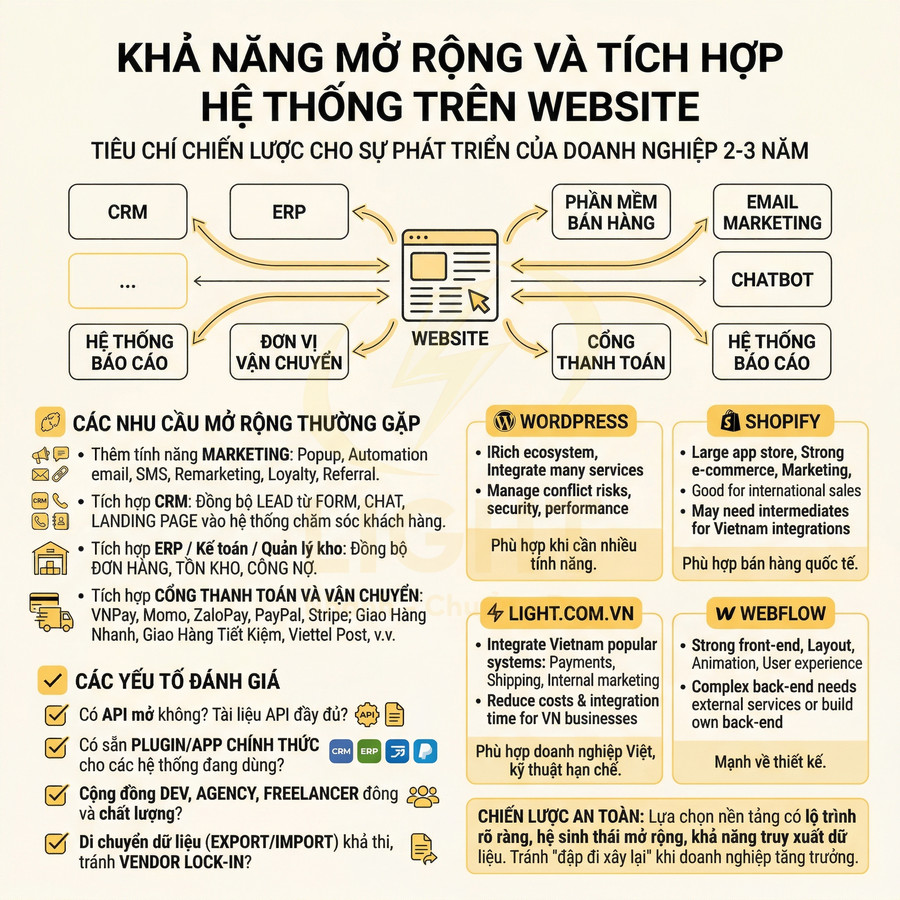 Infographic khả năng mở rộng và tích hợp hệ thống trên website, so sánh nền tảng WordPress, Shopify, Light.com.vn, Webflow