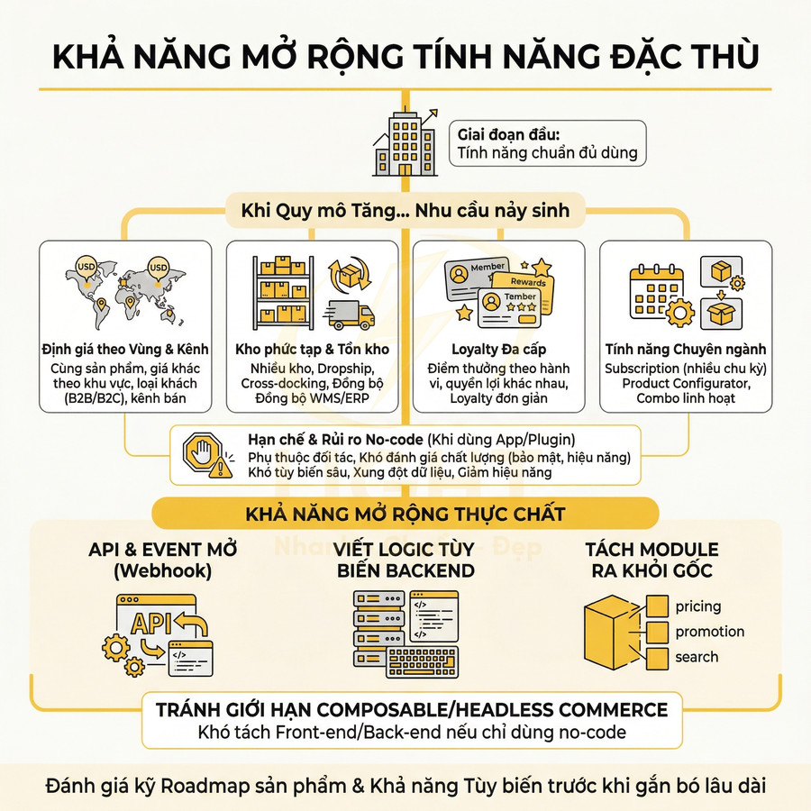 Infographic mô tả khả năng mở rộng tính năng đặc thù và tùy biến backend trong nền tảng thương mại điện tử