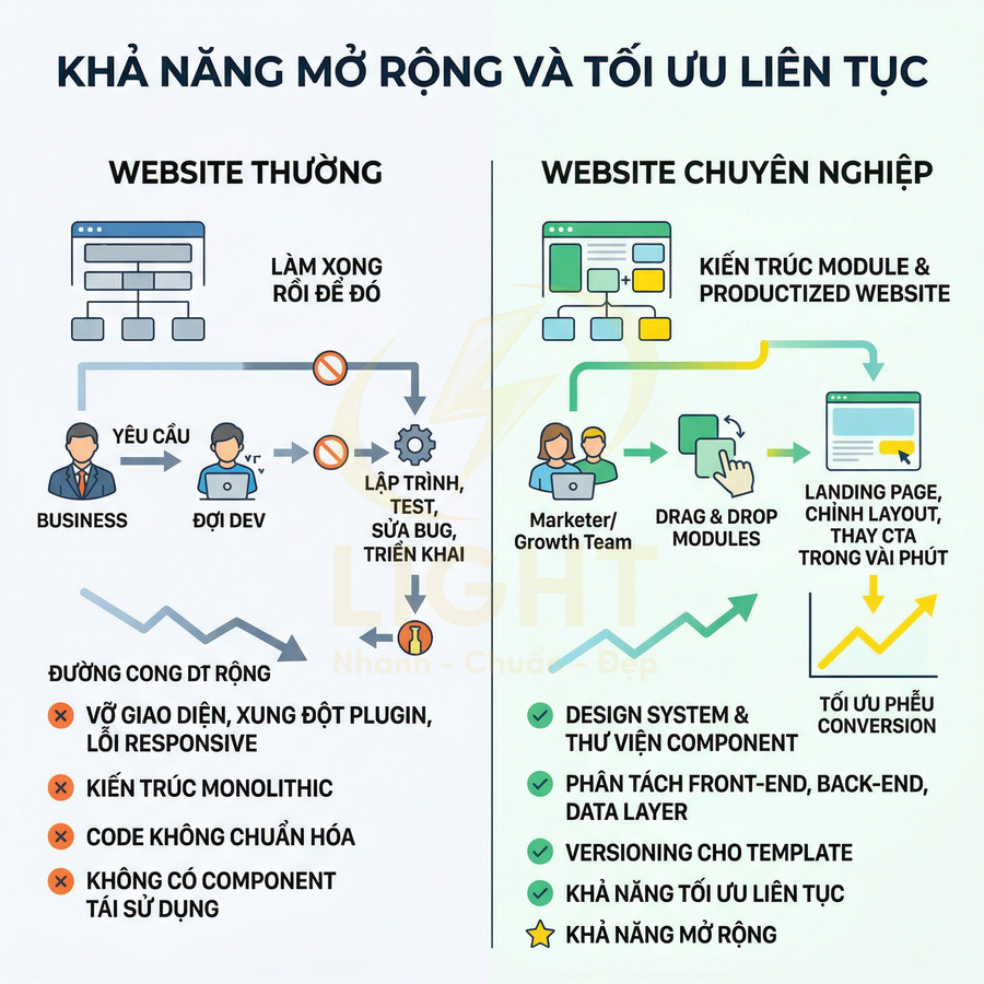 So sánh quy trình phát triển website thường và website chuyên nghiệp với kiến trúc module, tối ưu liên tục