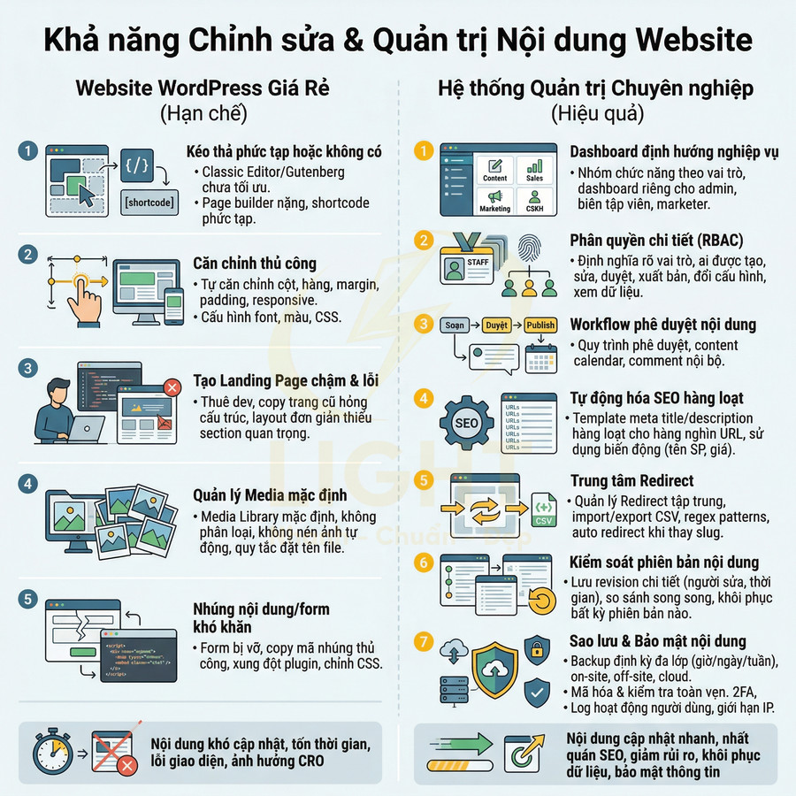 So sánh khả năng chỉnh sửa và quản trị nội dung giữa website WordPress giá rẻ và hệ thống quản trị chuyên nghiệp