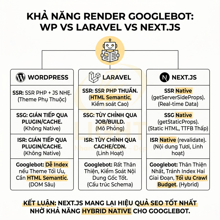 So sánh khả năng render Googlebot và hiệu quả SEO giữa WordPress, Laravel và Next.js