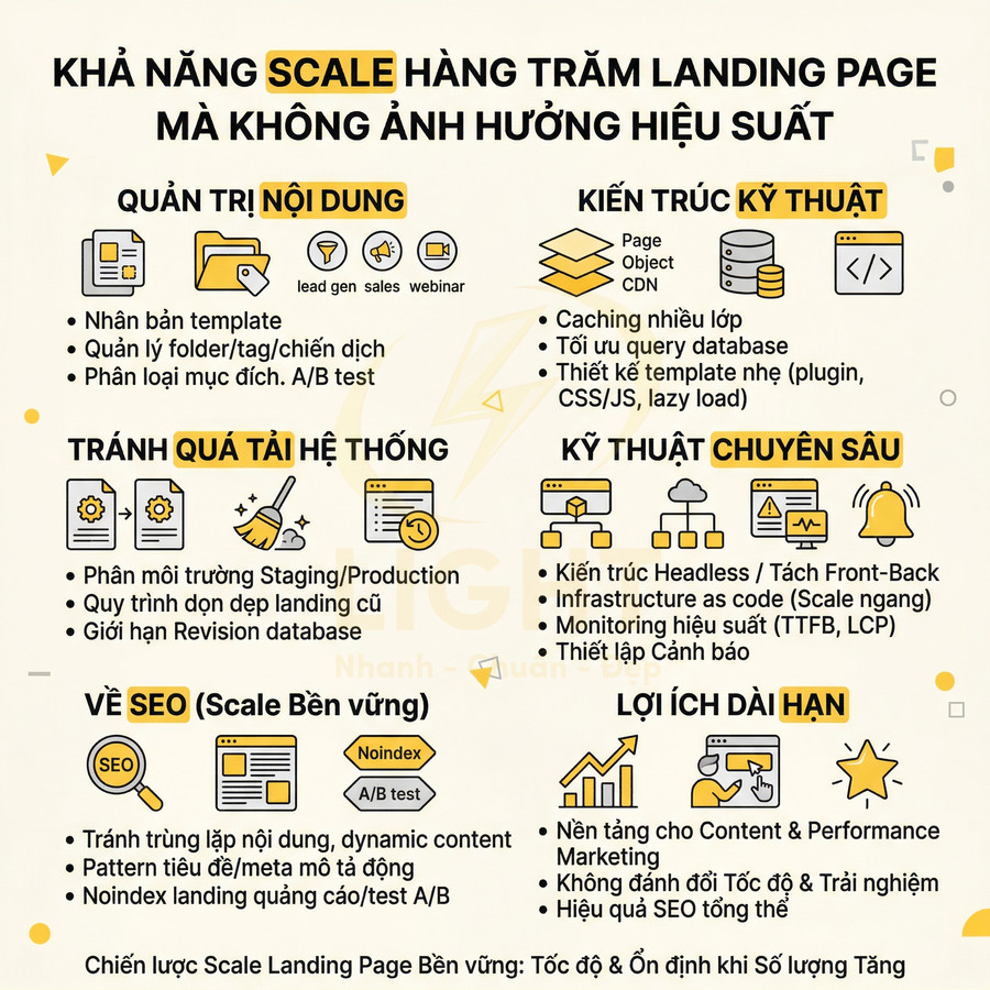 Infographic chiến lược scale hàng trăm landing page không giảm hiệu suất, tối ưu nội dung, kỹ thuật và SEO