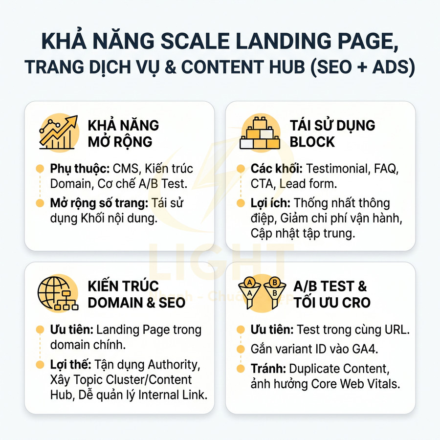 Infographic hướng dẫn scale landing page, tối ưu SEO và ADS với mở rộng trang, tái sử dụng block, kiến trúc domain và A/B test