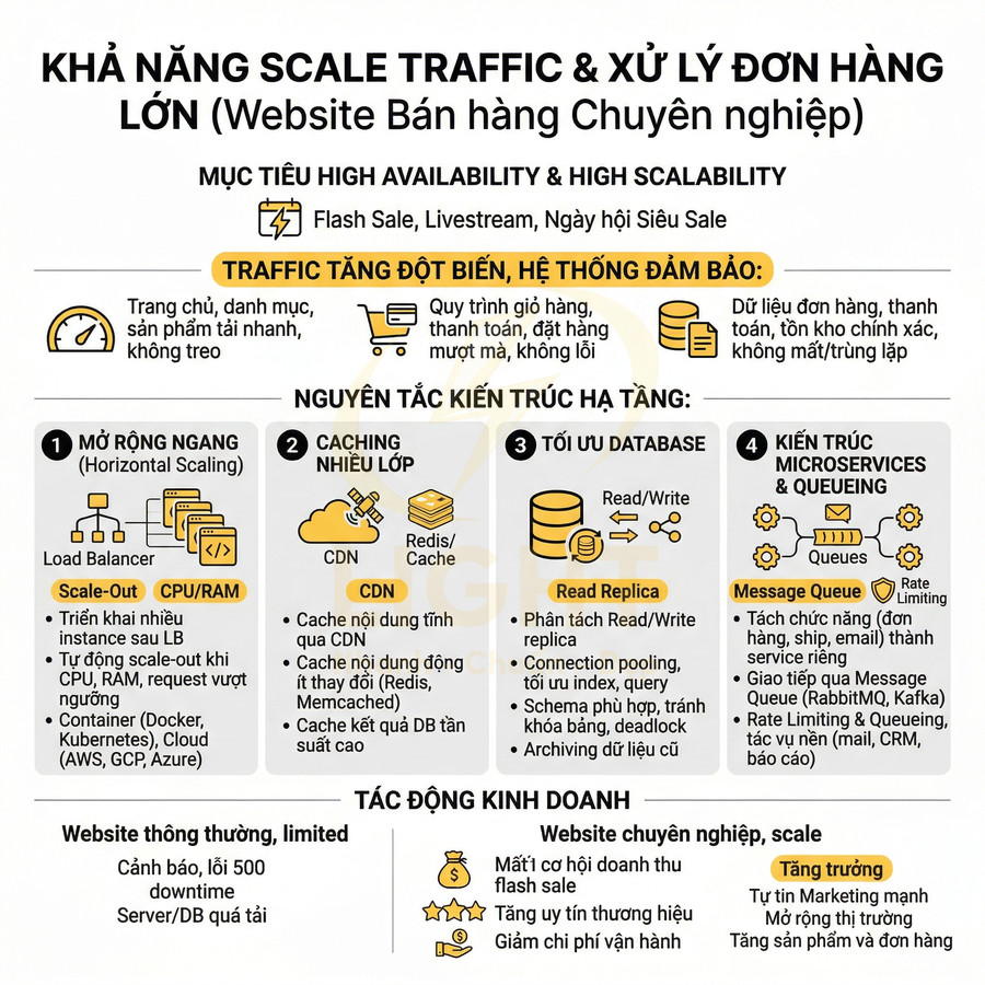 Infographic kiến trúc hạ tầng website bán hàng chuyên nghiệp để scale traffic và xử lý đơn hàng lớn