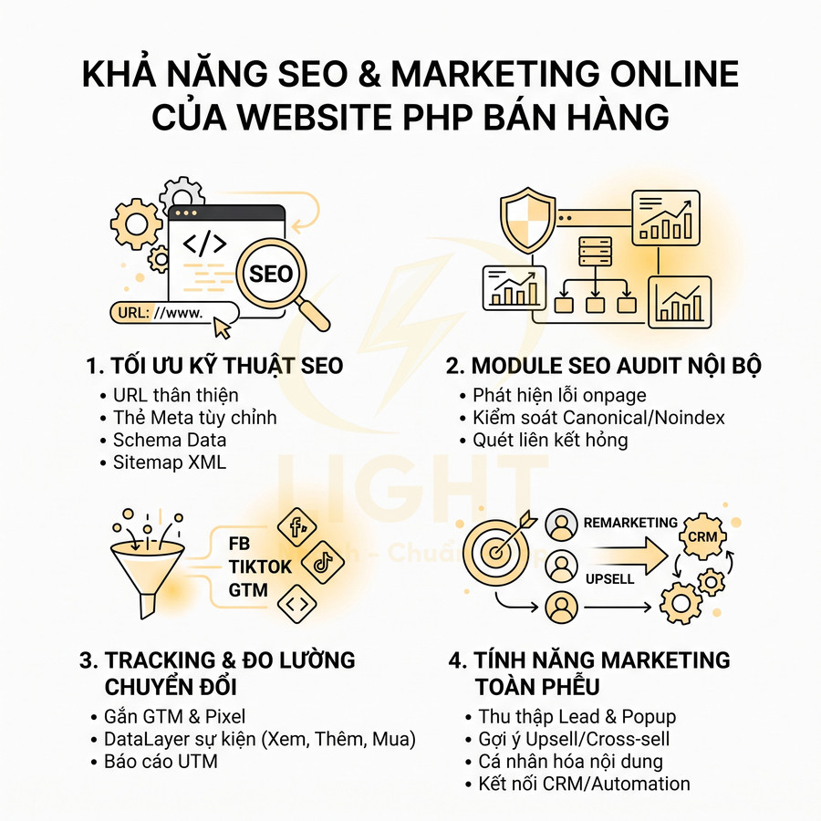 Infographic tính năng SEO và marketing online của website PHP bán hàng với tối ưu kỹ thuật, audit, tracking và automation