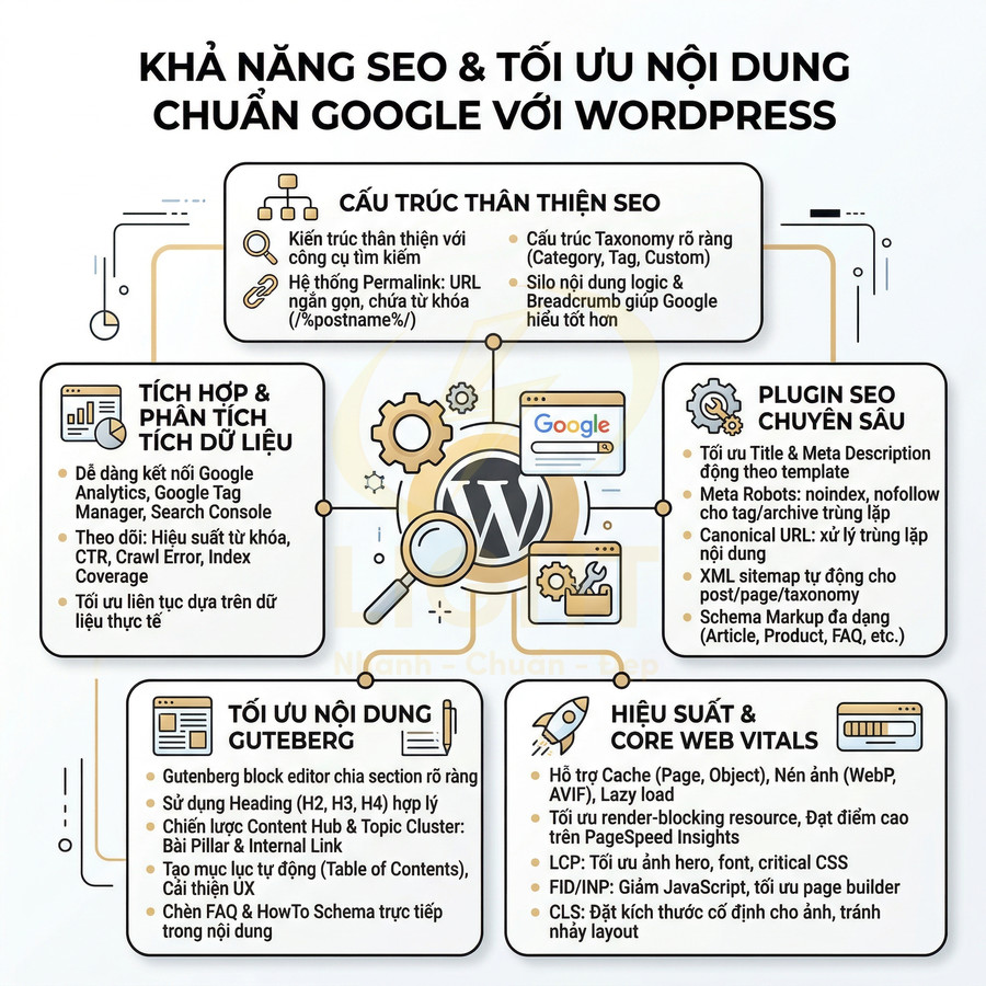 Infographic giới thiệu khả năng SEO và tối ưu nội dung chuẩn Google với nền tảng WordPress