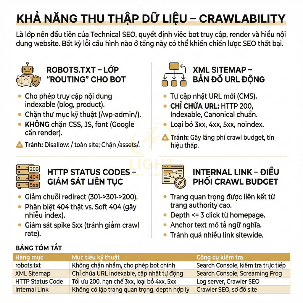 Infographic hướng dẫn tối ưu crawlability trong technical SEO với robots.txt, XML sitemap, HTTP status codes và internal link