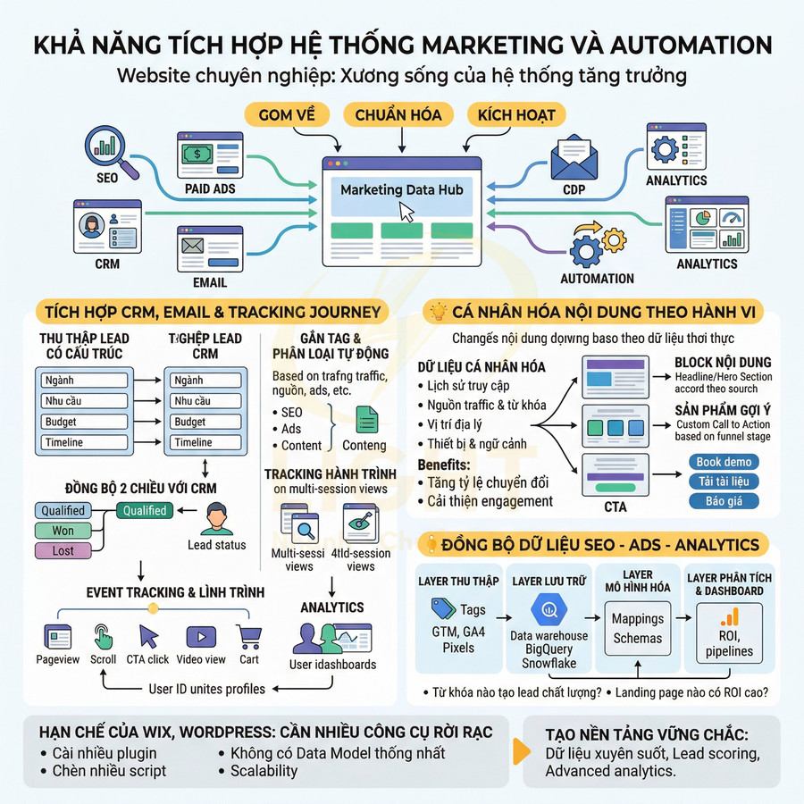 Sơ đồ hệ thống marketing automation tích hợp CRM, email, SEO, paid ads và analytics cho website chuyên nghiệp