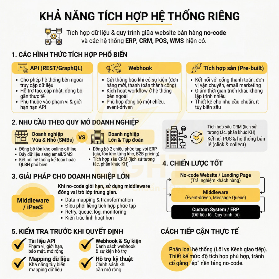 Infographic khả năng tích hợp hệ thống riêng cho website bán hàng no code với ERP CRM POS WMS