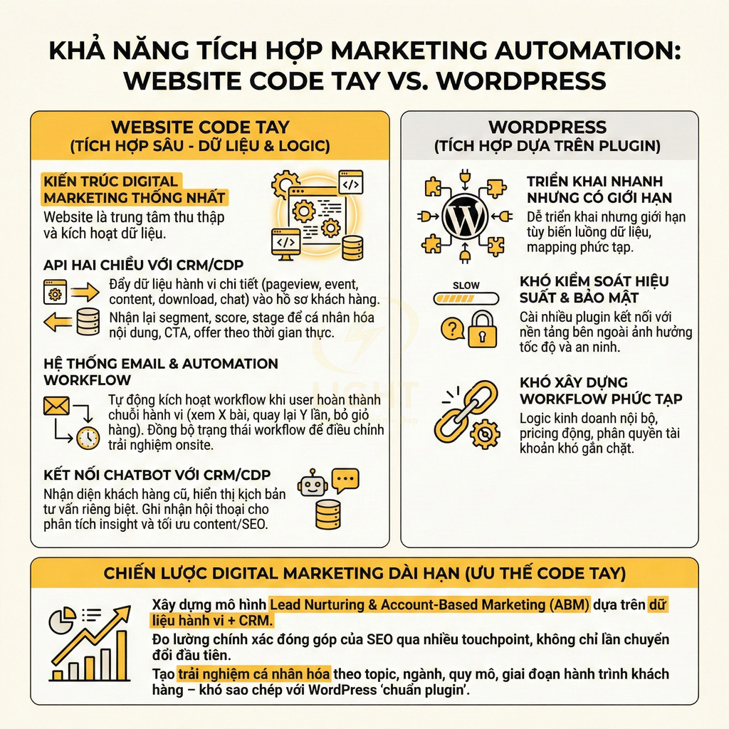 So sánh khả năng tích hợp marketing automation giữa website code tay và website WordPress bằng plugin