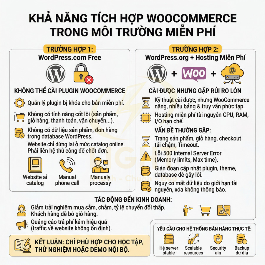 So sánh tích hợp WooCommerce trên WordPress.com miễn phí và WordPress.org hosting miễn phí, nêu rủi ro và giới hạn