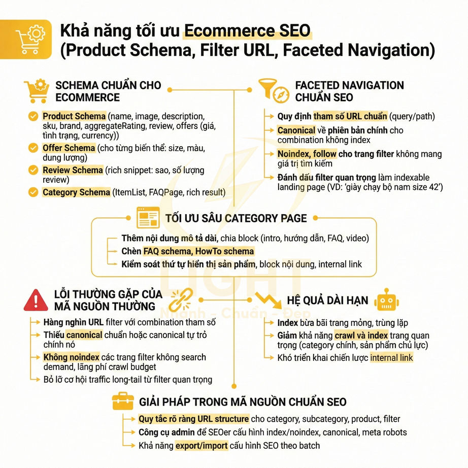 Infographic hướng dẫn tối ưu Ecommerce SEO với schema sản phẩm, URL filter và điều hướng faceted