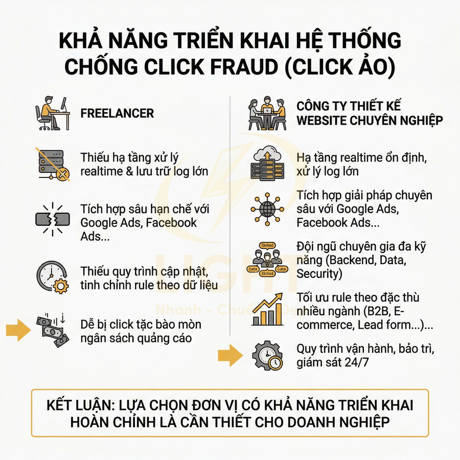 So sánh khả năng chống click ảo giữa freelancer và công ty thiết kế website chuyên nghiệp cho doanh nghiệp