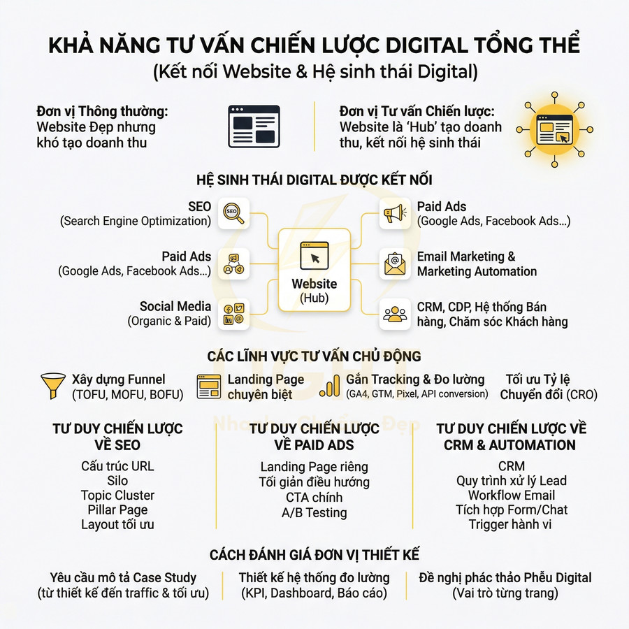 Sơ đồ khả năng tư vấn chiến lược digital tổng thể kết nối website hub với SEO, paid ads, social media và CRM