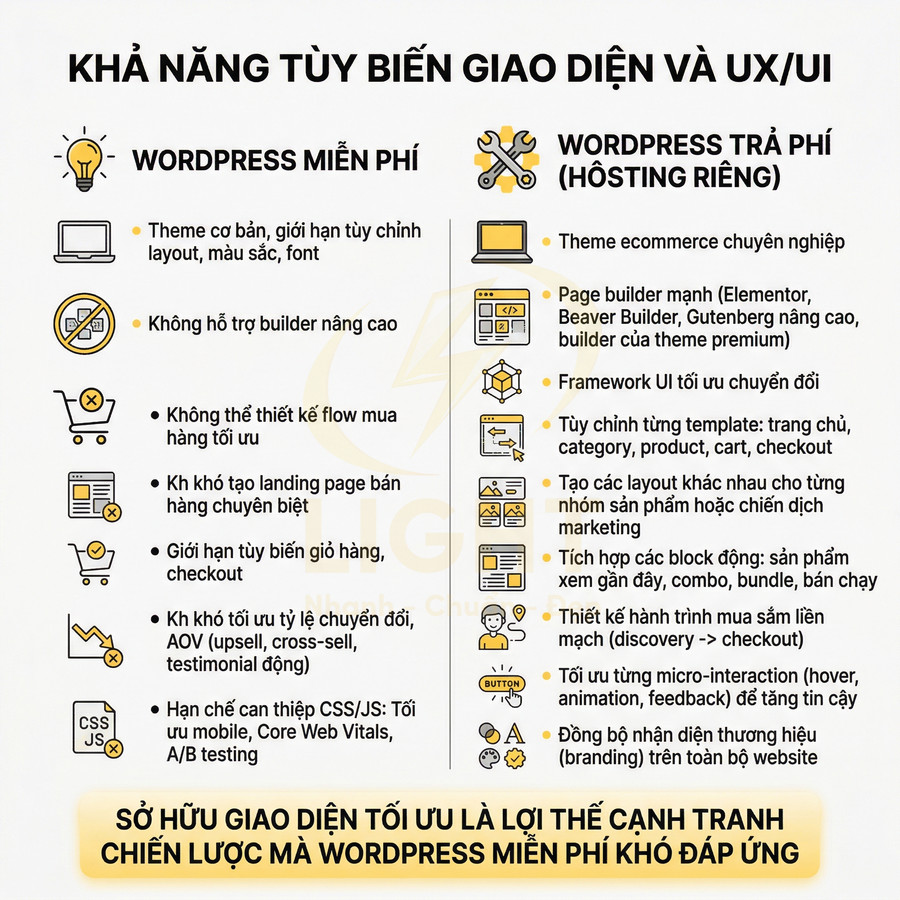 So sánh khả năng tùy biến giao diện UX UI giữa WordPress miễn phí và WordPress trả phí hosting riêng