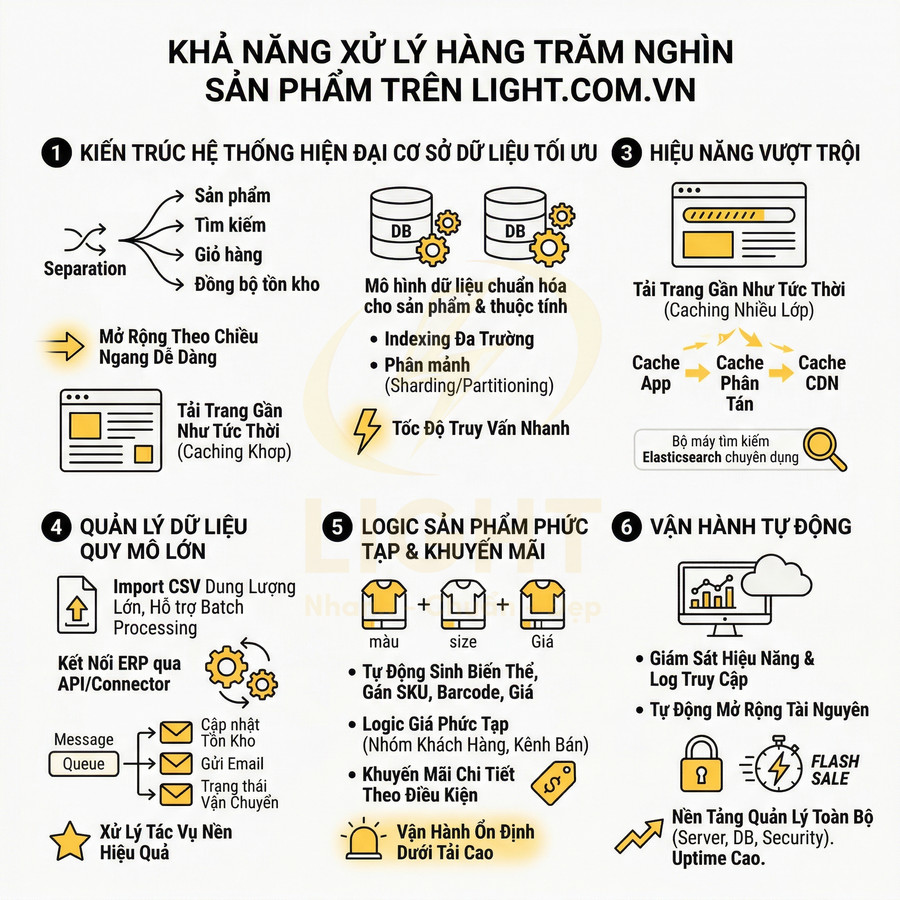 Infographic giới thiệu khả năng xử lý hàng trăm nghìn sản phẩm và vận hành hệ thống bán hàng trên nền tảng Light.com.vn