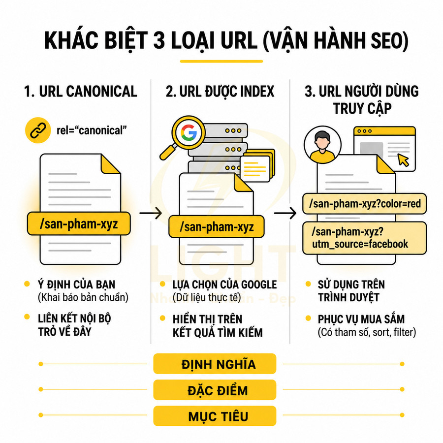 So sánh ba loại URL trong SEO gồm URL canonical, URL được index và URL người dùng truy cập