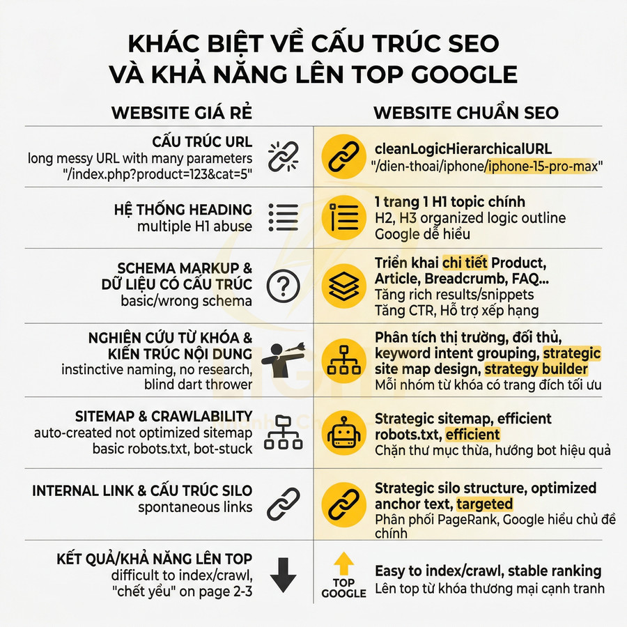 So sánh cấu trúc SEO website giá rẻ và website chuẩn SEO về URL, heading, schema, từ khóa, sitemap, internal link