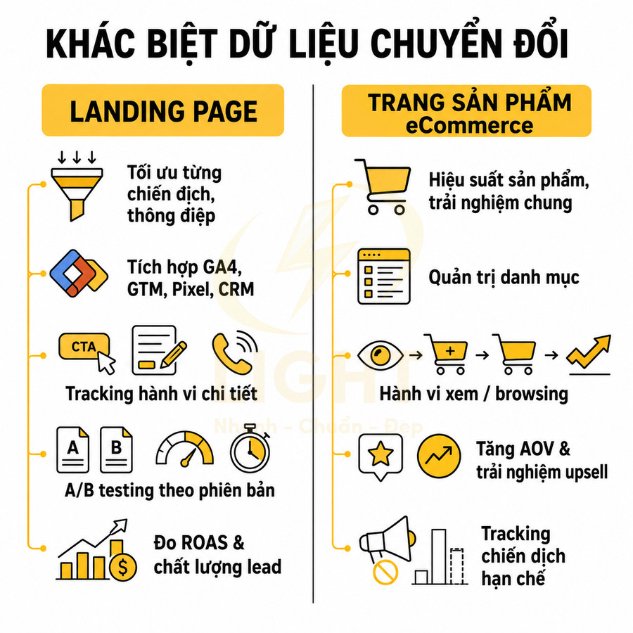 So sánh dữ liệu chuyển đổi giữa landing page và trang sản phẩm ecommerce với các chỉ số tracking và tối ưu chiến dịch