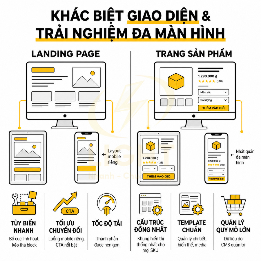 So sánh giao diện landing page và trang sản phẩm ecommerce trên desktop và mobile, tối ưu trải nghiệm đa màn hình