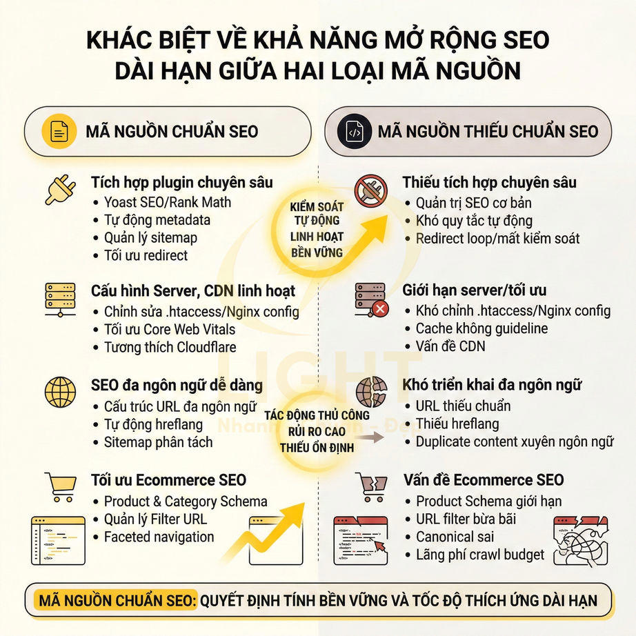 So sánh mã nguồn chuẩn SEO và mã nguồn thiếu chuẩn SEO về khả năng mở rộng và tối ưu dài hạn