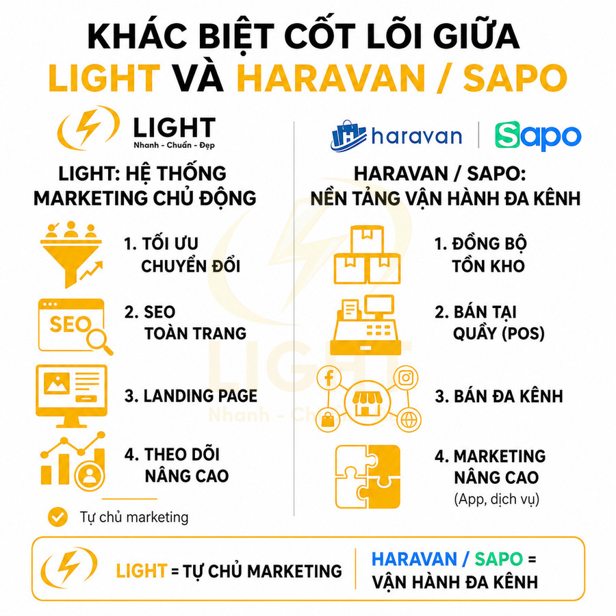 So sánh hệ thống marketing chủ động Light với nền tảng vận hành đa kênh Haravan và Sapo