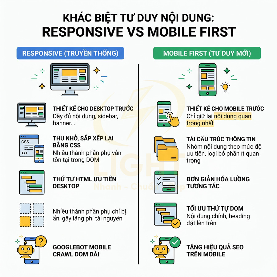 So sánh tư duy nội dung responsive và mobile first, liệt kê ưu nhược điểm và lợi ích SEO cho thiết kế web mobile