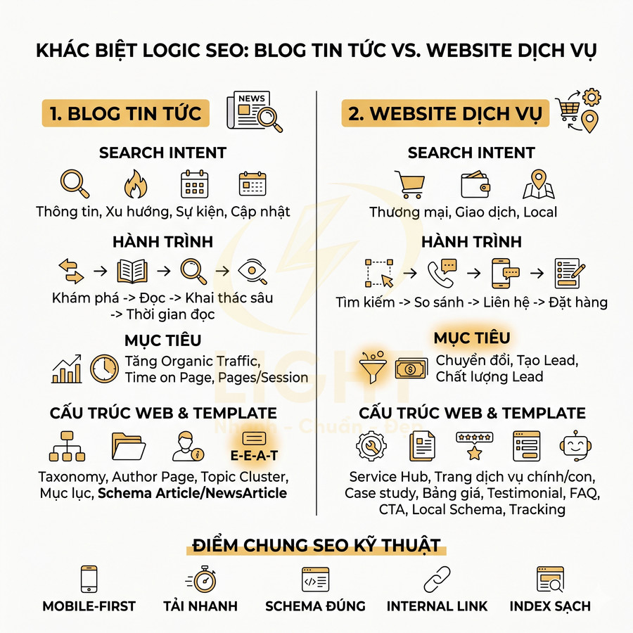 Thiết kế website chuẩn SEO cho blog tin tức khác gì website dịch vụ?