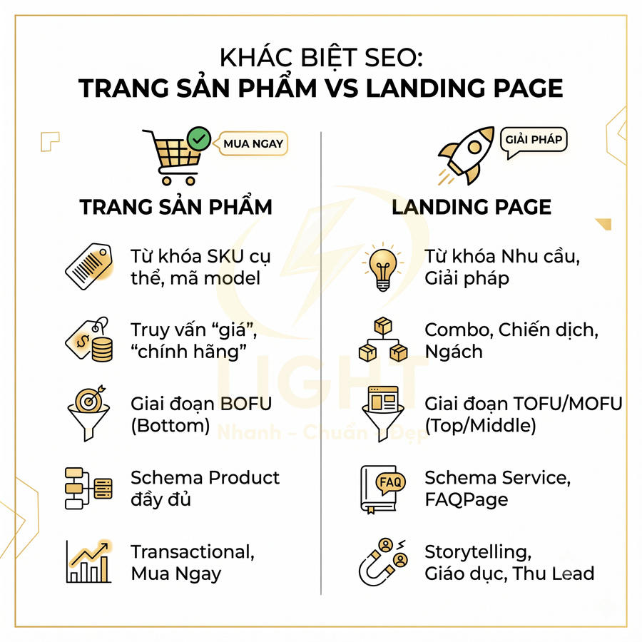 So sánh khác biệt SEO giữa trang sản phẩm và landing page với các tiêu chí và ví dụ minh họa