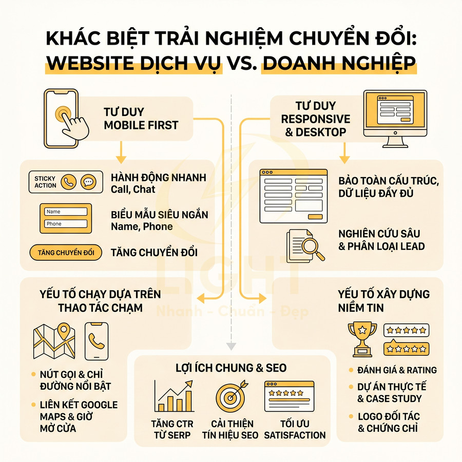 Infographic so sánh trải nghiệm chuyển đổi website dịch vụ và website doanh nghiệp, tập trung tối ưu SEO và UX