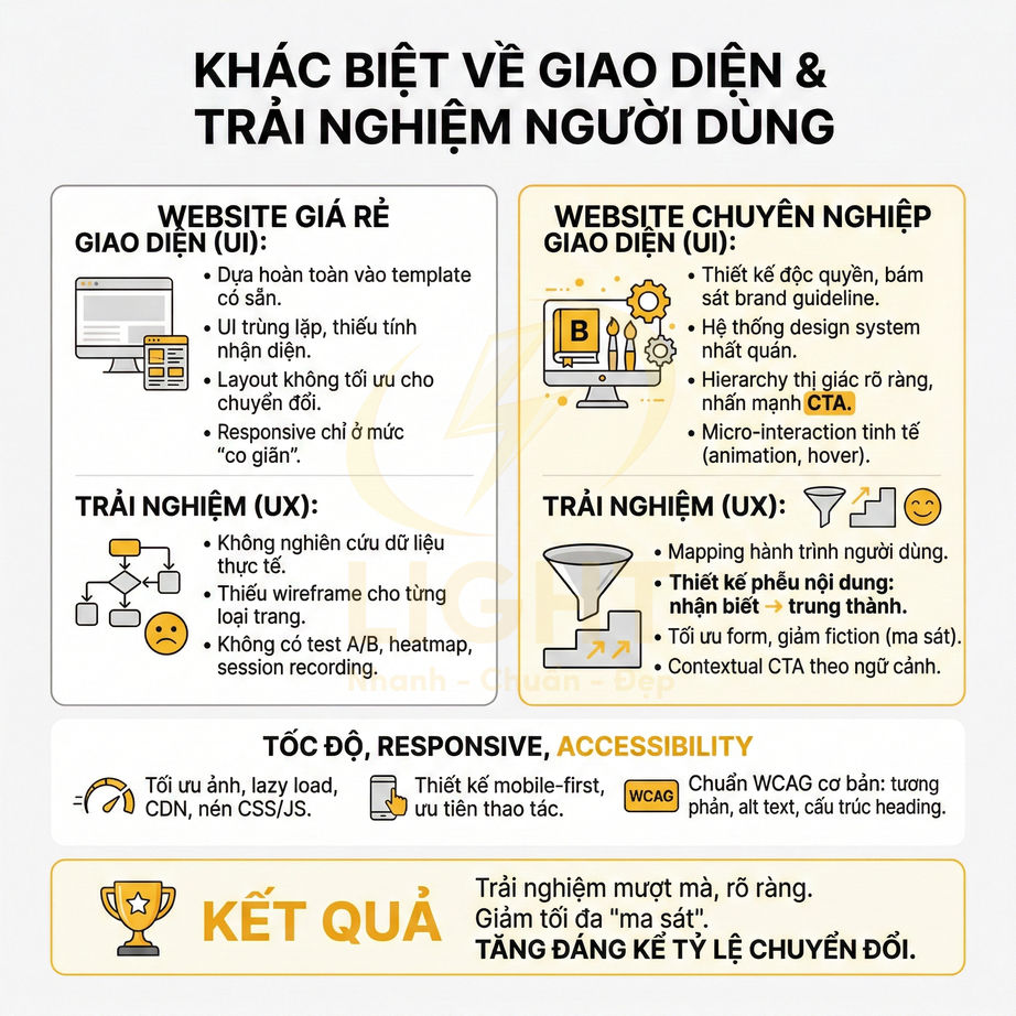 Infographic so sánh website giá rẻ và website chuyên nghiệp về giao diện UI UX tốc độ và khả năng chuyển đổi
