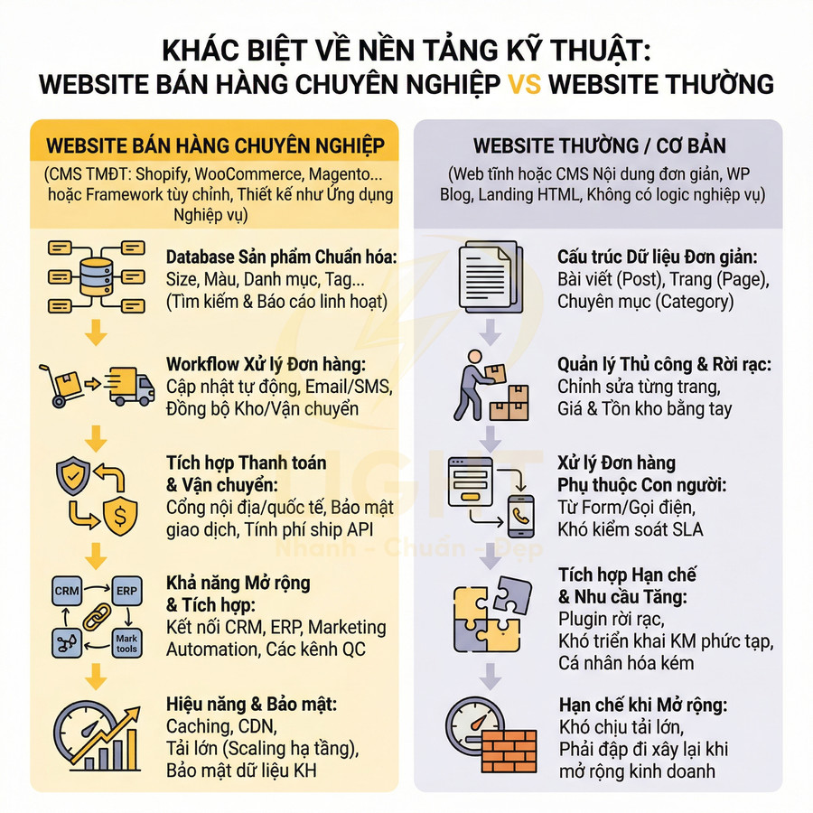 So sánh nền tảng kỹ thuật website bán hàng chuyên nghiệp và website thường bằng sơ đồ minh họa chi tiết