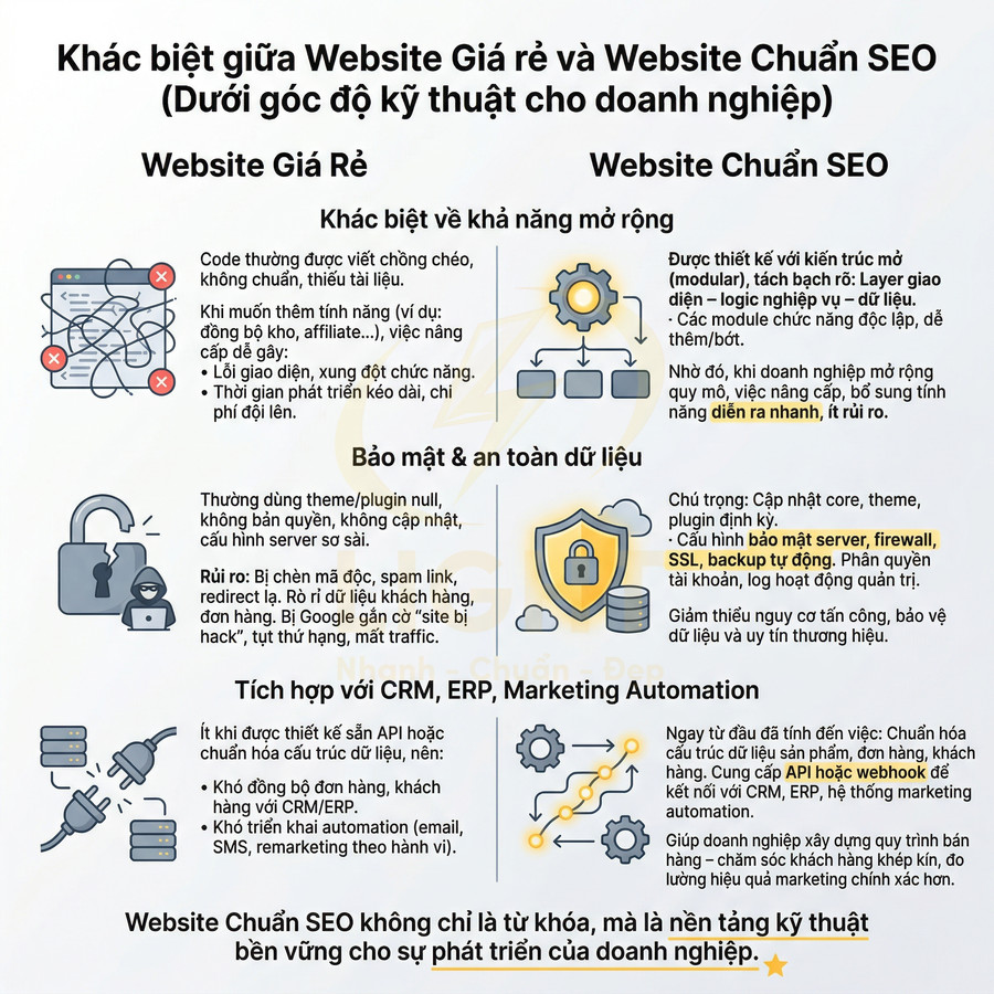 So sánh website giá rẻ và website chuẩn SEO về khả năng mở rộng, bảo mật dữ liệu và tích hợp CRM, ERP, marketing