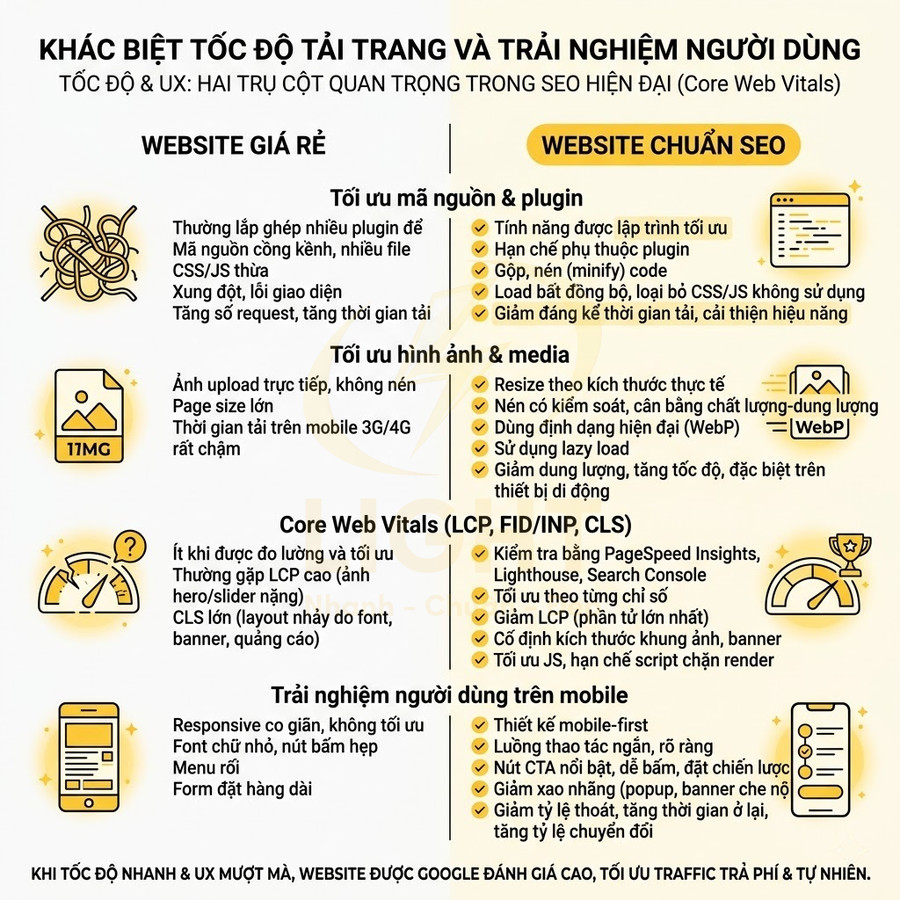 So sánh website giá rẻ và website chuẩn SEO về tốc độ tải trang, tối ưu mã nguồn, hình ảnh và trải nghiệm người dùng