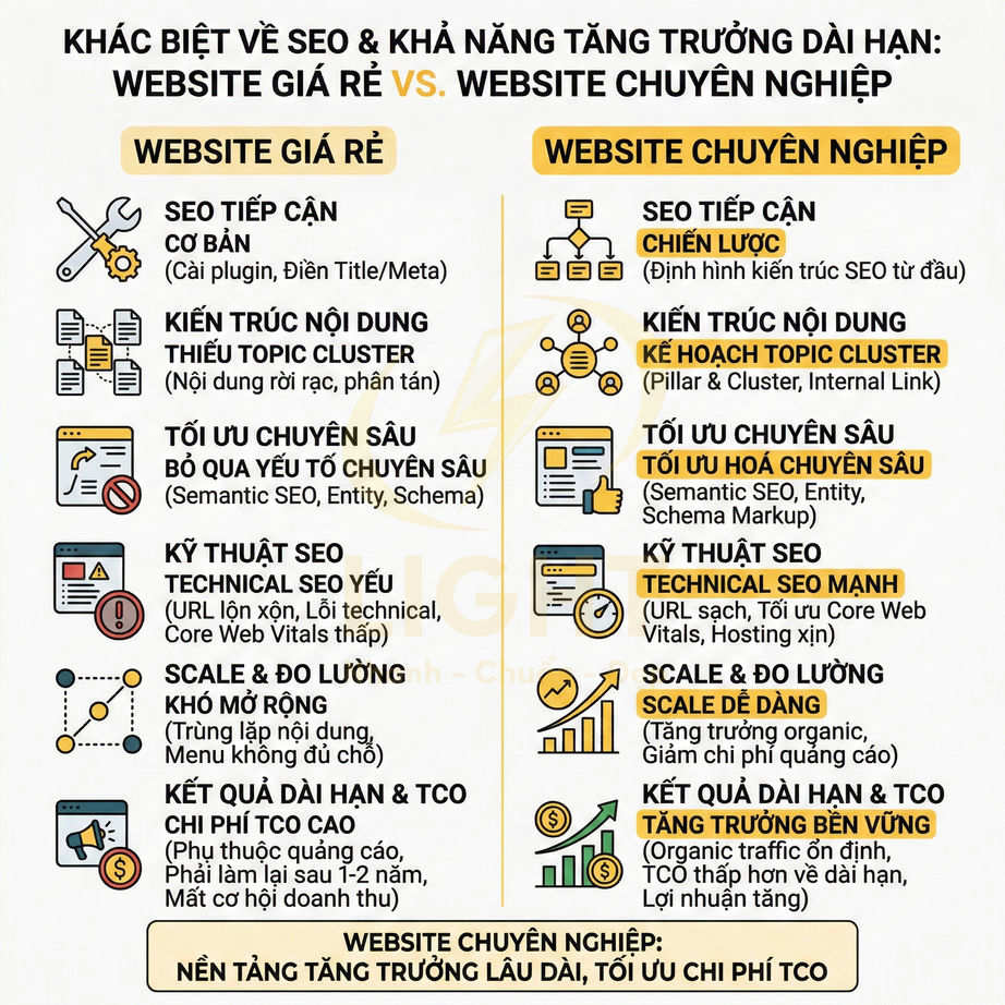 So sánh website giá rẻ và website chuyên nghiệp về SEO, kiến trúc nội dung, kỹ thuật và khả năng tăng trưởng dài hạn