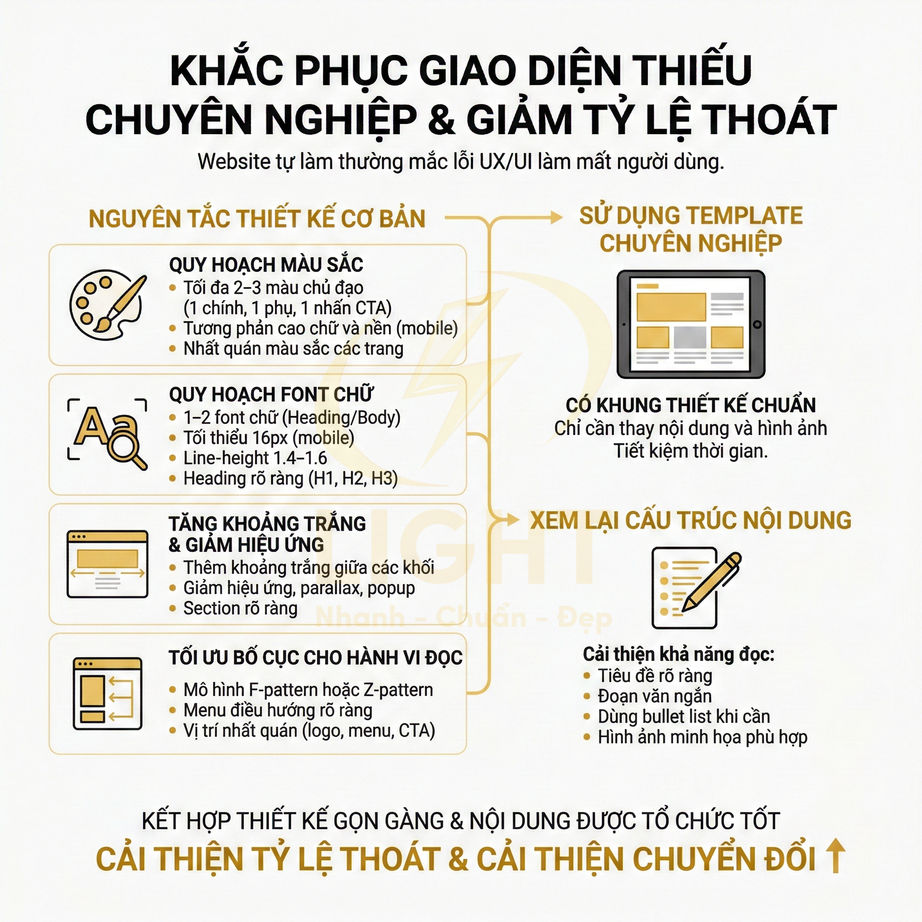 Infographic hướng dẫn thiết kế giao diện website chuyên nghiệp để giảm tỷ lệ thoát và tăng chuyển đổi