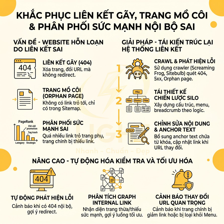 Hướng dẫn khắc phục liên kết gãy trang mồ côi và tối ưu phân phối sức mạnh internal link cho website SEO