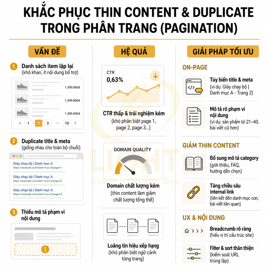 Infographic hướng dẫn khắc phục thin content và duplicate trong phân trang để cải thiện SEO website